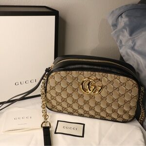 Gucci Beige and Black Crossbody Bag with Gold Accents